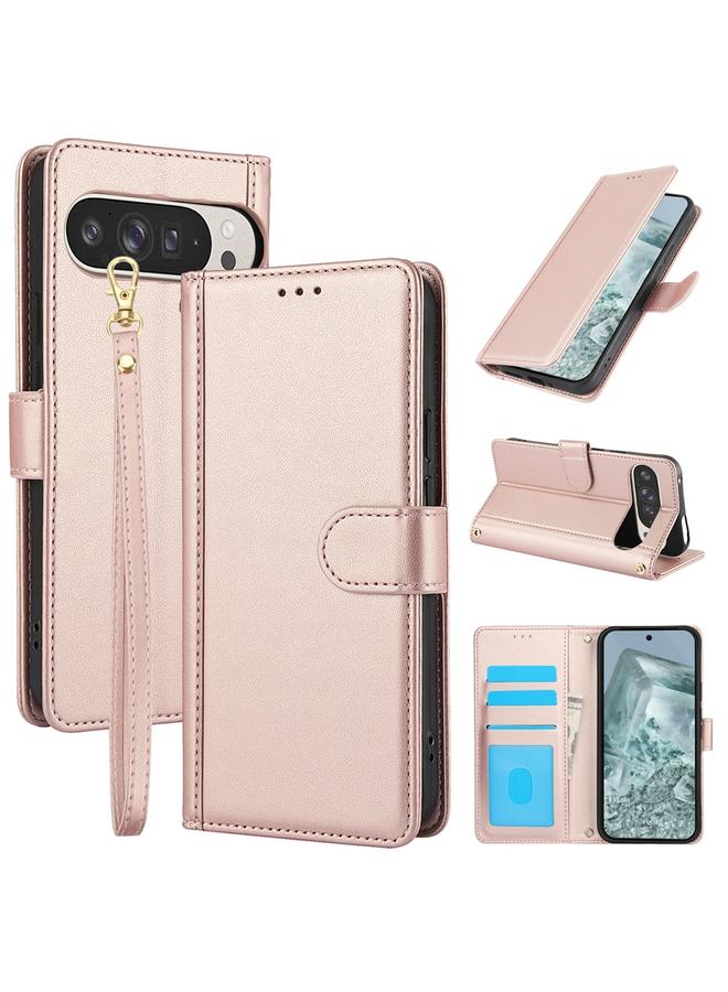 S-TOP Case For Google Pixel 9 Pro XL Skin Feel Pure Color Card Slots Leather Phone Case with Dual Lanyard - Image 1
