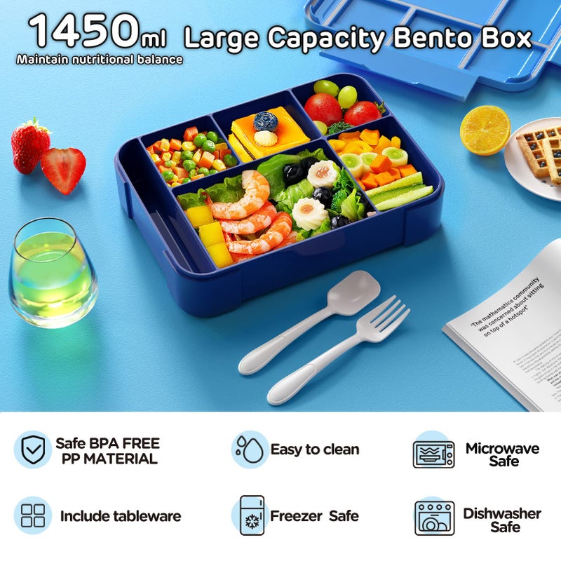 Jelife Bento Lunch Box for Kids - 1450ml Leakproof Kids Bento Box 6 Compartments Toddler Lunch boxes with Silverware for Back to School  Reusable LunchBox Snack Container for Daycare - Image 2