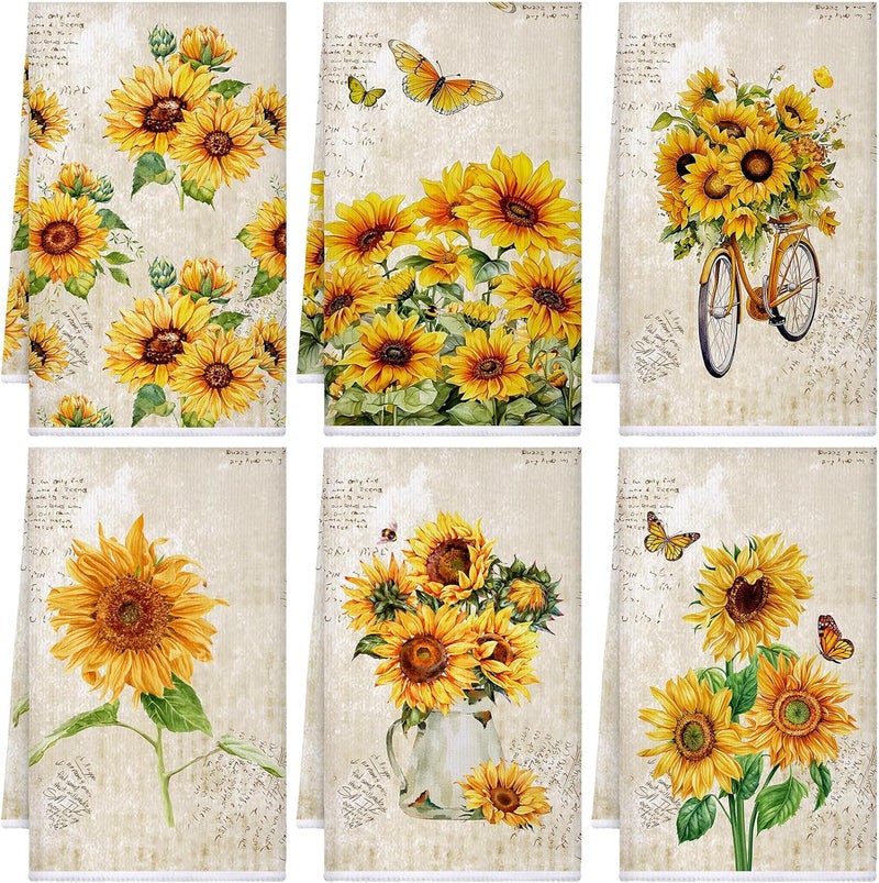 Bencailor 6 Pcs Sunflower Kitchen Towels Decorative Sets Dish Towels Absorbent Fast Drying Hand Tea Vintage Hanging Reusable Cleaning Dishcloths for Cooking Farmhouse Bathroom Accessory - Image 1