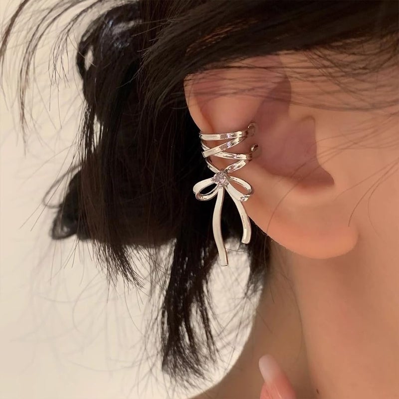 FUTIMELY Dainty Bowknot Clip On,Sweet Silver Geometric Bow Ribbon Ear Cuff Earrings,Charming Small Metal Bow Knot Cartilage No Percing Earrings for Women (Silver) - Image 2