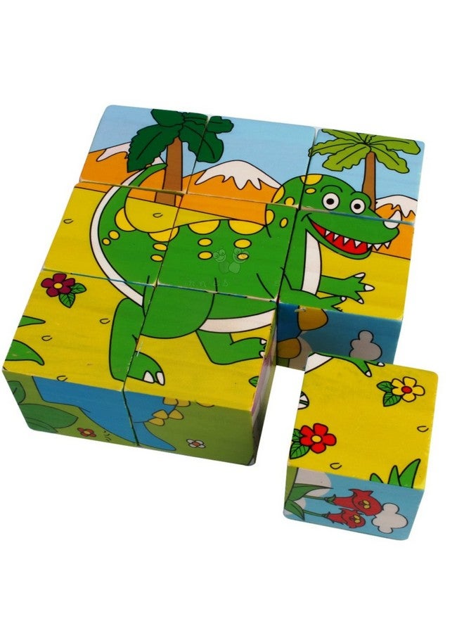Trinkets & More - 3D Jigsaw Puzzle Wooden Cube Block Animals 6 Face 9 Pieces with Storage Tray Kids 3+ Years (Dinosaurs) - Image 1