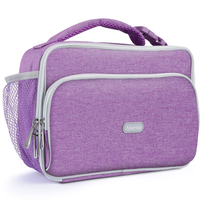 Amersun Lunch Box for Teen Girls  WomenSturdy Insulated Lunch Bag with 2 Pockets  Padded Liner Keep Food Warm ColdWaterresistant Thermal Lunch Cooler for Adult Travel Picnic WorkPurple