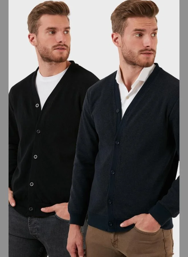 بوراتي كارديجان رجالي قطن بياقة على شكل  بفتحة أزرار قطعتين