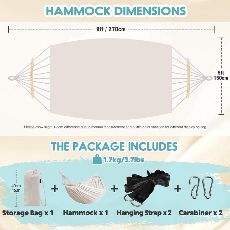 Anyoo Garden Cotton Hammock Comfortable Fabric Hammock with Spreader Bar Sturdy Hammock Up to 450lbs Portable Lightweight Hammock with Travel Bag for Camping Outdoor/Indoor Patio Backyard - Image 2