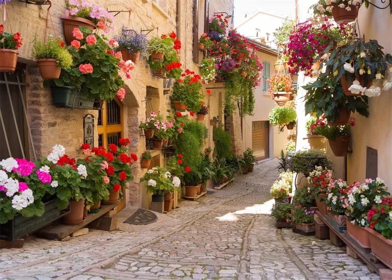 BELECO 7x5ft Fabric Italy Street Photography Backdrop Europe Village Town Landscape Buildings Colorful Flowers Photo Background Italian Themed Party Backdrop Holiday Travel Pictures Shooting Wallpaper - Image 1