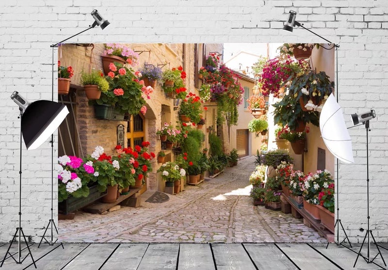 BELECO 7x5ft Fabric Italy Street Photography Backdrop Europe Village Town Landscape Buildings Colorful Flowers Photo Background Italian Themed Party Backdrop Holiday Travel Pictures Shooting Wallpaper - Image 2