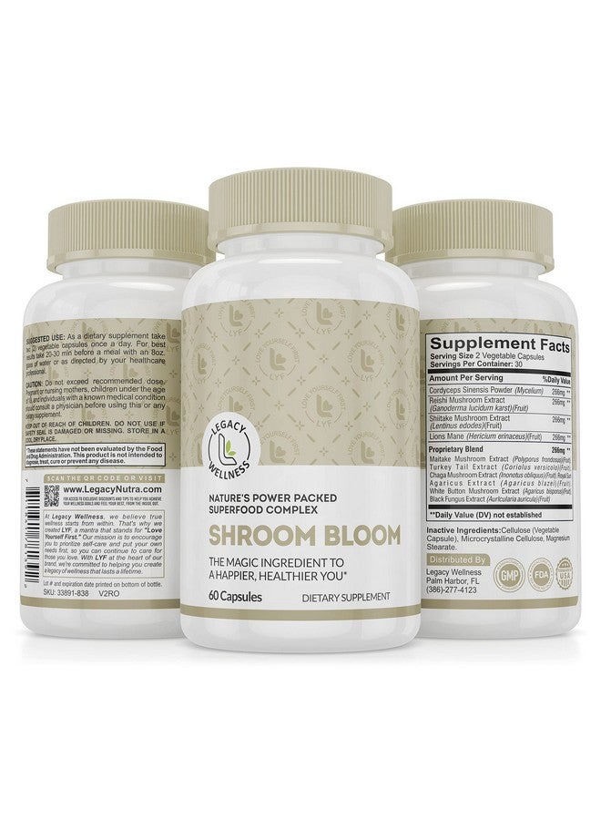 LegacyNutra Shroom Bloom Mushroom Supplement - 10 Mushrooms Complex - Lions Mane, Reishi, Chaga, Cordyceps - Nootropic Brain Supplements Memory & Focus - Immune Booster - Natural Energy & Calm Focus Pills - Image 1