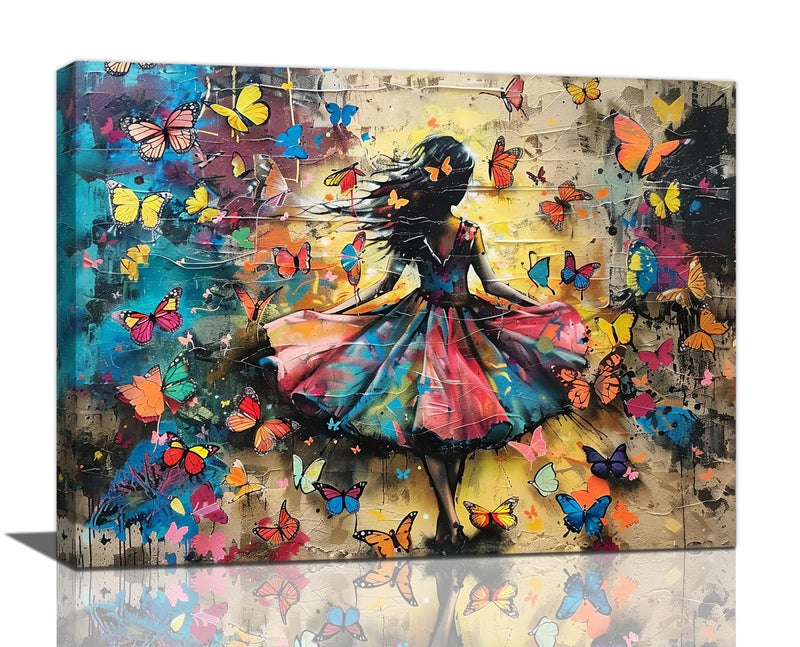 Banksy Girl Butterfly Wall Art Graffiti Woman Pictures Wall Decor Colorful Vintage Kid Print Painting Artwork Pop Street Home Decorations for Bathroom Bedroom Living Room Framed 12"x16"