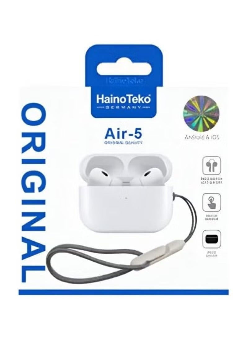 Haino Teko Air 5 Wireless In-Ear Bluetooth Earphones – High-Quality Sound, Comfortable Fit, Compatible with iPhone & Android – Sleek White Design, Long Battery Life - Image 3