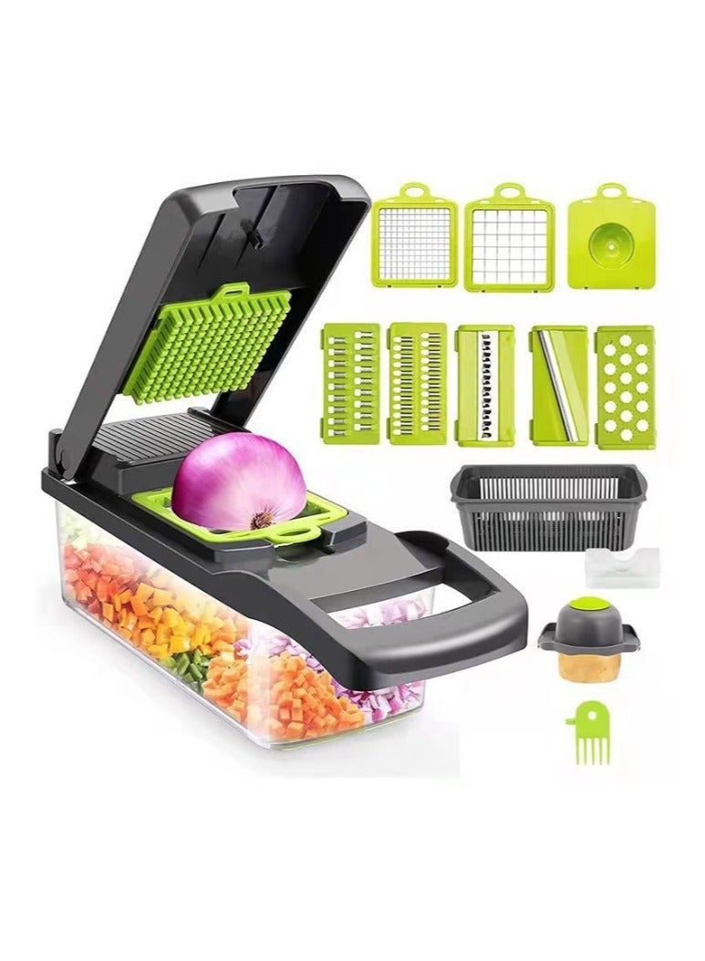 ارواق قطاعة خضروات 14 في 1، قطاعة طعام متعددة الوظائف، قطاعة خضروات للمطبخ، قطاعة خضروات مع 8 شفرات قطاعة جزر وثوم مع حاوية - Image 1