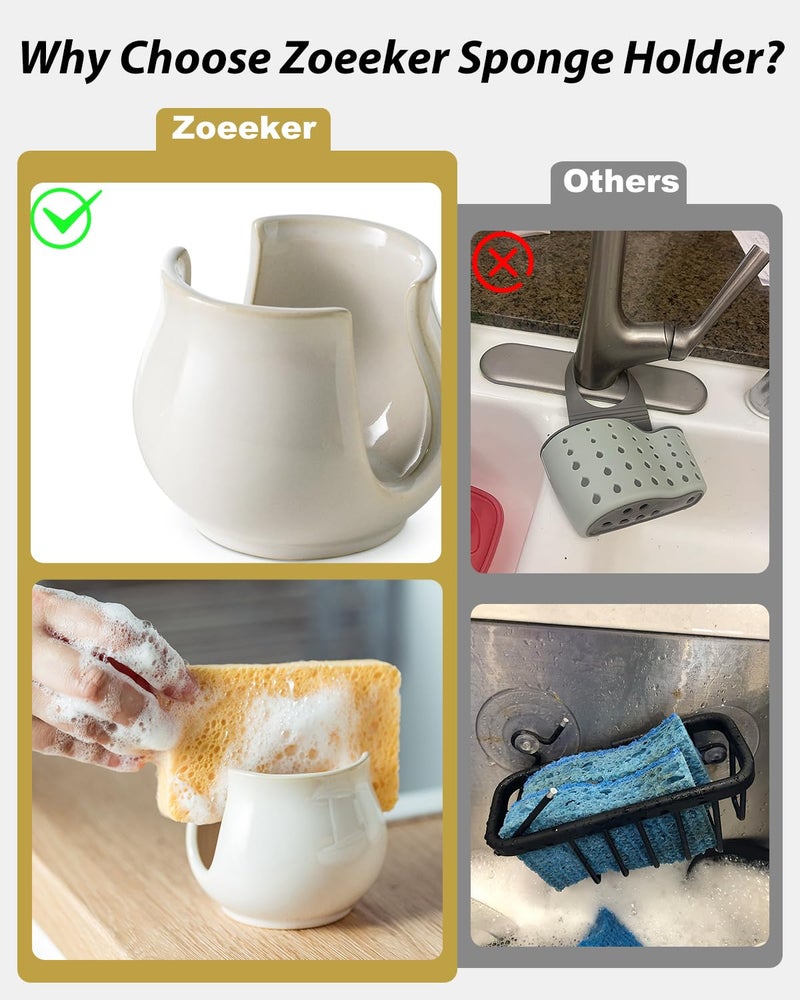 Zoeeker Sponge Holder for Kitchen Sink Counter, Ceramic Dish Sponge Caddy White Sink Organizer Dish Rack Farmhouse Brush Holder for Bathroom, Kitchen, White - Image 3