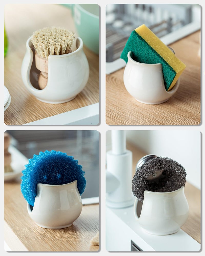 Zoeeker Sponge Holder for Kitchen Sink Counter, Ceramic Dish Sponge Caddy White Sink Organizer Dish Rack Farmhouse Brush Holder for Bathroom, Kitchen, White - Image 5