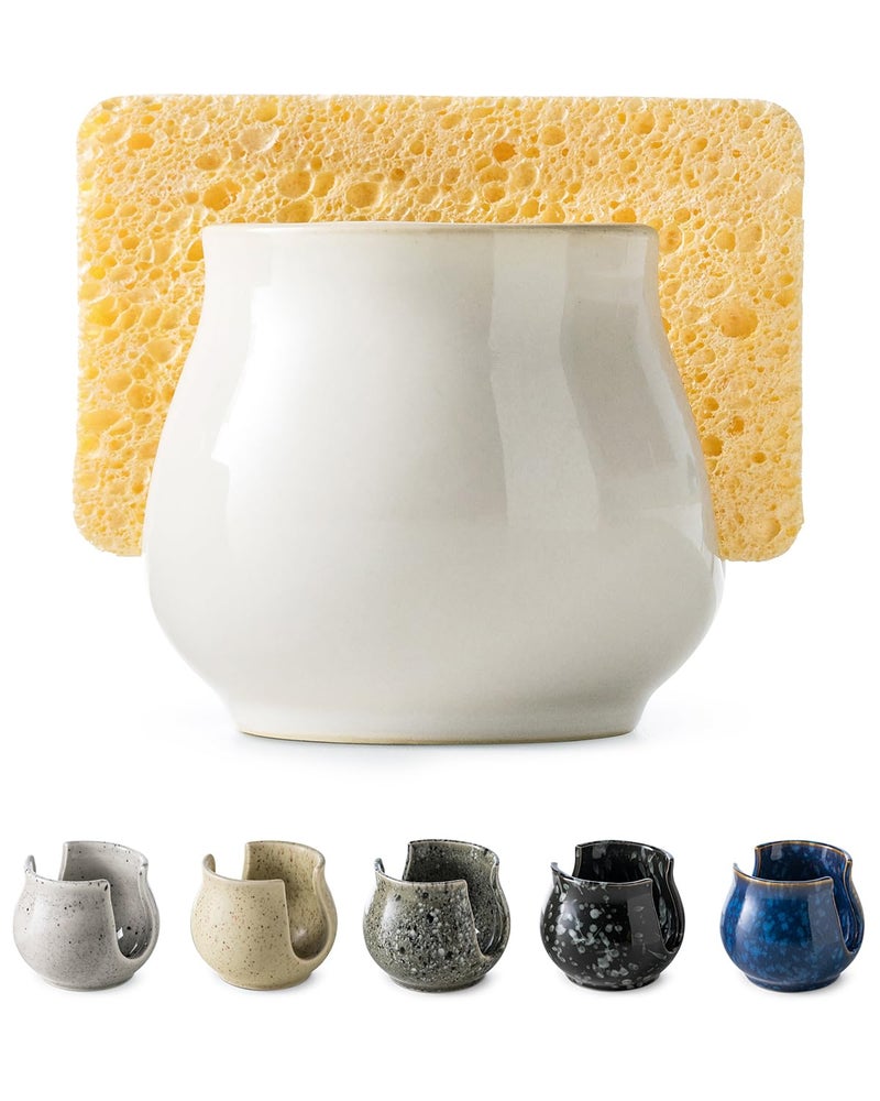 Zoeeker Sponge Holder for Kitchen Sink Counter, Ceramic Dish Sponge Caddy White Sink Organizer Dish Rack Farmhouse Brush Holder for Bathroom, Kitchen, White - Image 1