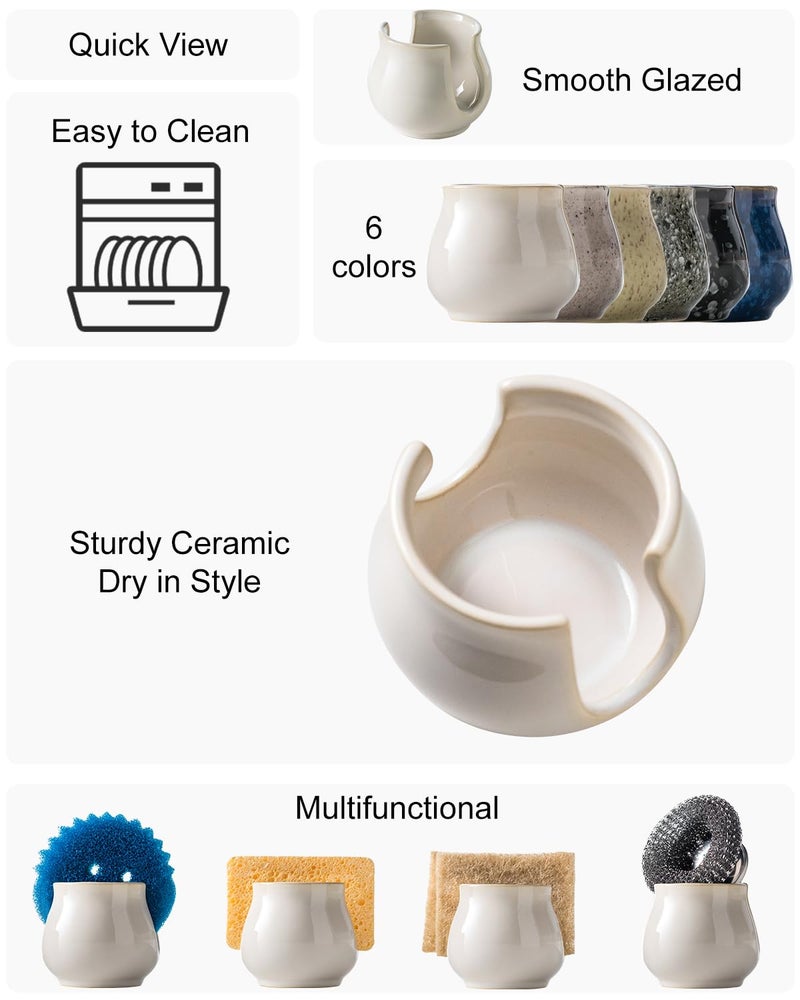 Zoeeker Sponge Holder for Kitchen Sink Counter, Ceramic Dish Sponge Caddy White Sink Organizer Dish Rack Farmhouse Brush Holder for Bathroom, Kitchen, White - Image 2