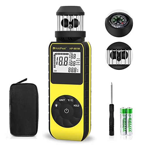H HOLDPEAK مقياس سرعة الرياح الرقمي المحمول الجديد، HOLDPEAK 881M مقياس سرعة الرياح بكوب رقمي مع بوصلة، شاشة LED، تثبيت البيانات، قياس سرعة الرياح الخارجية بزاوية 360° من 0.7~42م/ث، ℃/℉ - Image 1