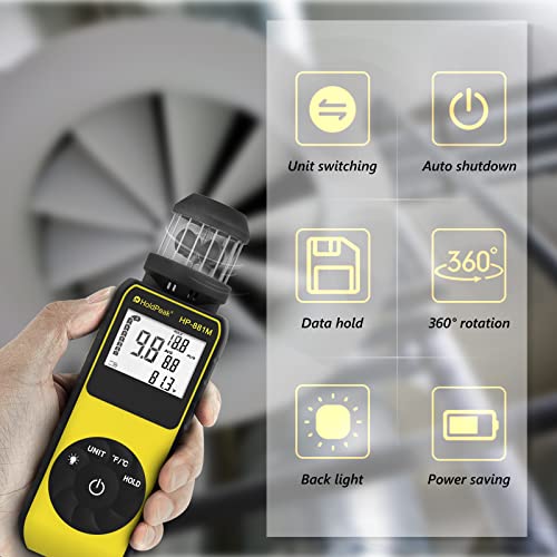 H HOLDPEAK مقياس سرعة الرياح الرقمي المحمول الجديد، HOLDPEAK 881M مقياس سرعة الرياح بكوب رقمي مع بوصلة، شاشة LED، تثبيت البيانات، قياس سرعة الرياح الخارجية بزاوية 360° من 0.7~42م/ث، ℃/℉ - Image 2