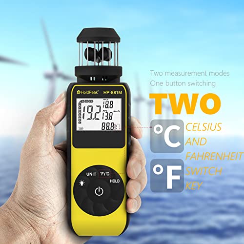 H HOLDPEAK مقياس سرعة الرياح الرقمي المحمول الجديد، HOLDPEAK 881M مقياس سرعة الرياح بكوب رقمي مع بوصلة، شاشة LED، تثبيت البيانات، قياس سرعة الرياح الخارجية بزاوية 360° من 0.7~42م/ث، ℃/℉ - Image 3