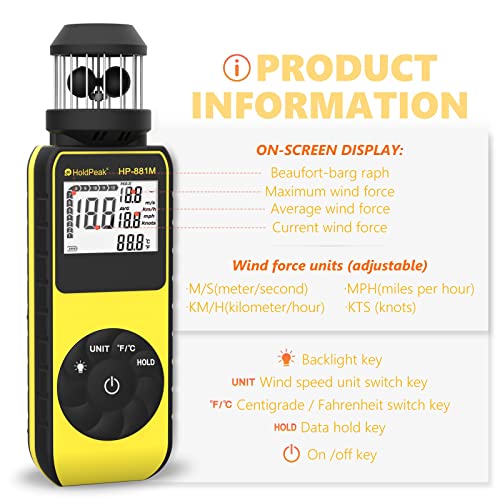H HOLDPEAK مقياس سرعة الرياح الرقمي المحمول الجديد، HOLDPEAK 881M مقياس سرعة الرياح بكوب رقمي مع بوصلة، شاشة LED، تثبيت البيانات، قياس سرعة الرياح الخارجية بزاوية 360° من 0.7~42م/ث، ℃/℉ - Image 5