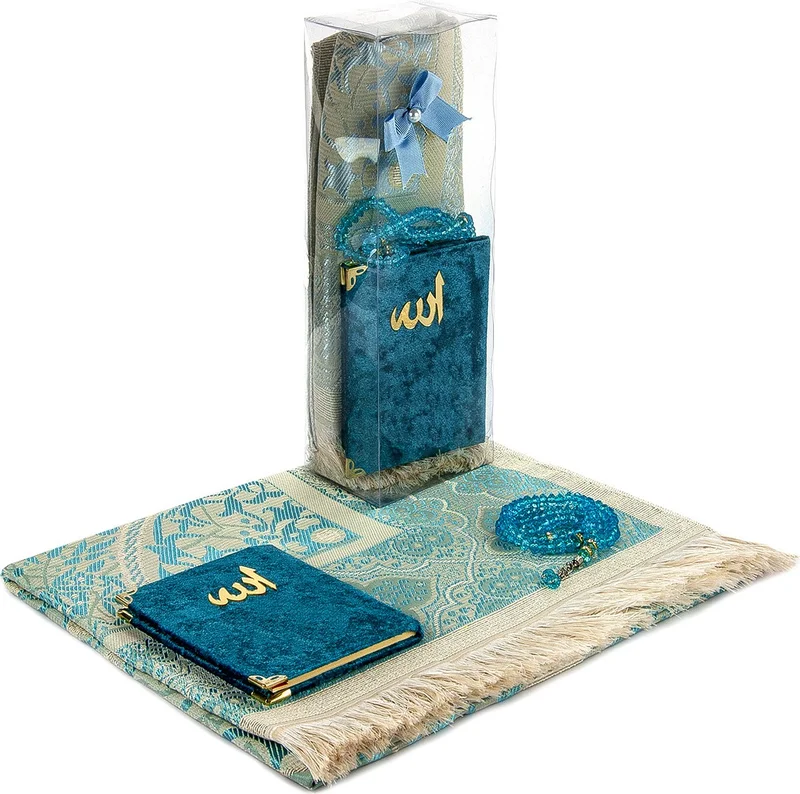 ايهفان PVC Boxed Prayer Rug Set - Velvet Covered Yasin - Prayer Rug - Prayer Beads - Petrol Color