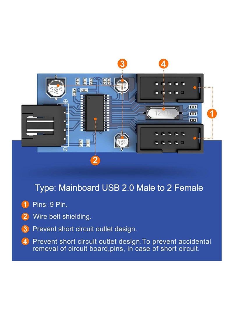XICEN Motherboard USB2.0 9pin USB Header Splitter Male 1 to 2 Female Extension Cable（30cm/0.98ft）Card Control PCB Board USB HUB 9-pin Splitter Adapter Port Multilier PWM Fan Splitter Cable 1 to 2 Converter  - Image 4