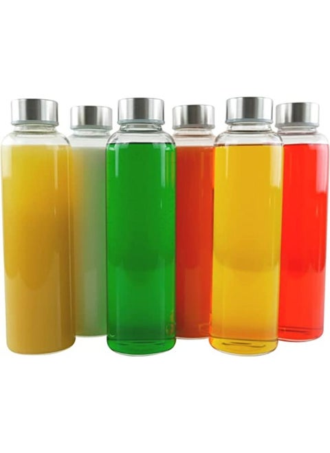 Borosilicate Glass Water Bottles With Caps Clear  6 Pack 18 Oz Heat Resistant Slim Easy to Store