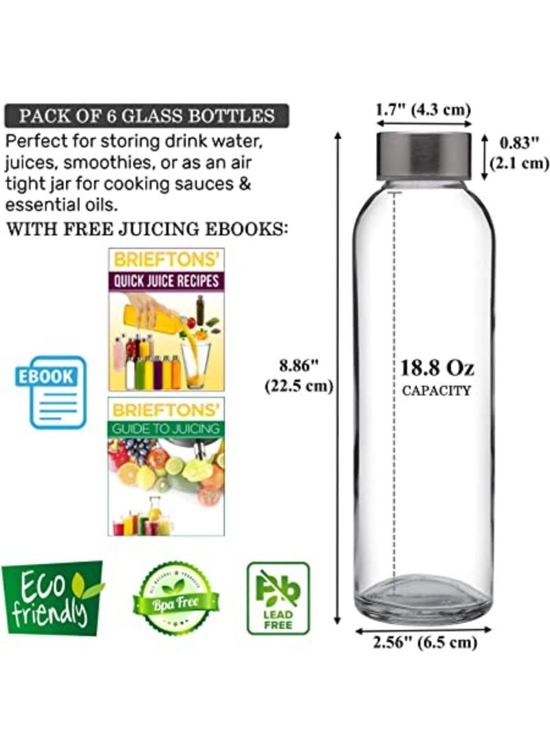Borosilicate Glass Water Bottles With Caps Clear  6 Pack 18 Oz Heat Resistant Slim Easy to Store
