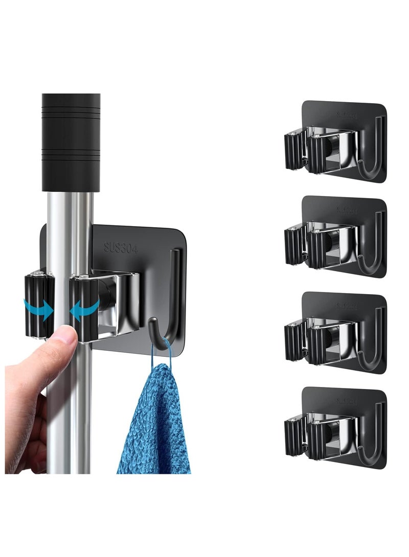 Arabest Mop Broom Holder No Drill, Mop Broom Organizer Wall Mounted Heavy Duty with Hooks Hanger, Self Adhesive Stainless Steel for Bathroom, Kitchen, Office,4pcs(Black) - Image 1