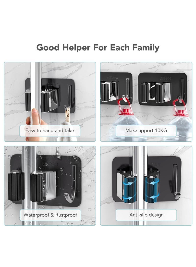 Arabest Mop Broom Holder No Drill, Mop Broom Organizer Wall Mounted Heavy Duty with Hooks Hanger, Self Adhesive Stainless Steel for Bathroom, Kitchen, Office,4pcs(Black) - Image 2