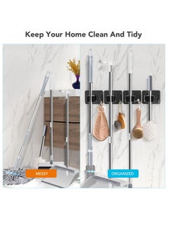 Arabest Mop Broom Holder No Drill, Mop Broom Organizer Wall Mounted Heavy Duty with Hooks Hanger, Self Adhesive Stainless Steel for Bathroom, Kitchen, Office,4pcs(Black)  - Image 3