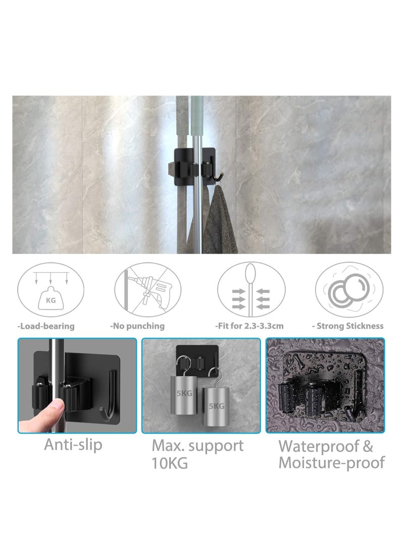 Arabest Mop Broom Holder No Drill, Mop Broom Organizer Wall Mounted Heavy Duty with Hooks Hanger, Self Adhesive Stainless Steel for Bathroom, Kitchen, Office,4pcs(Black) - Image 4