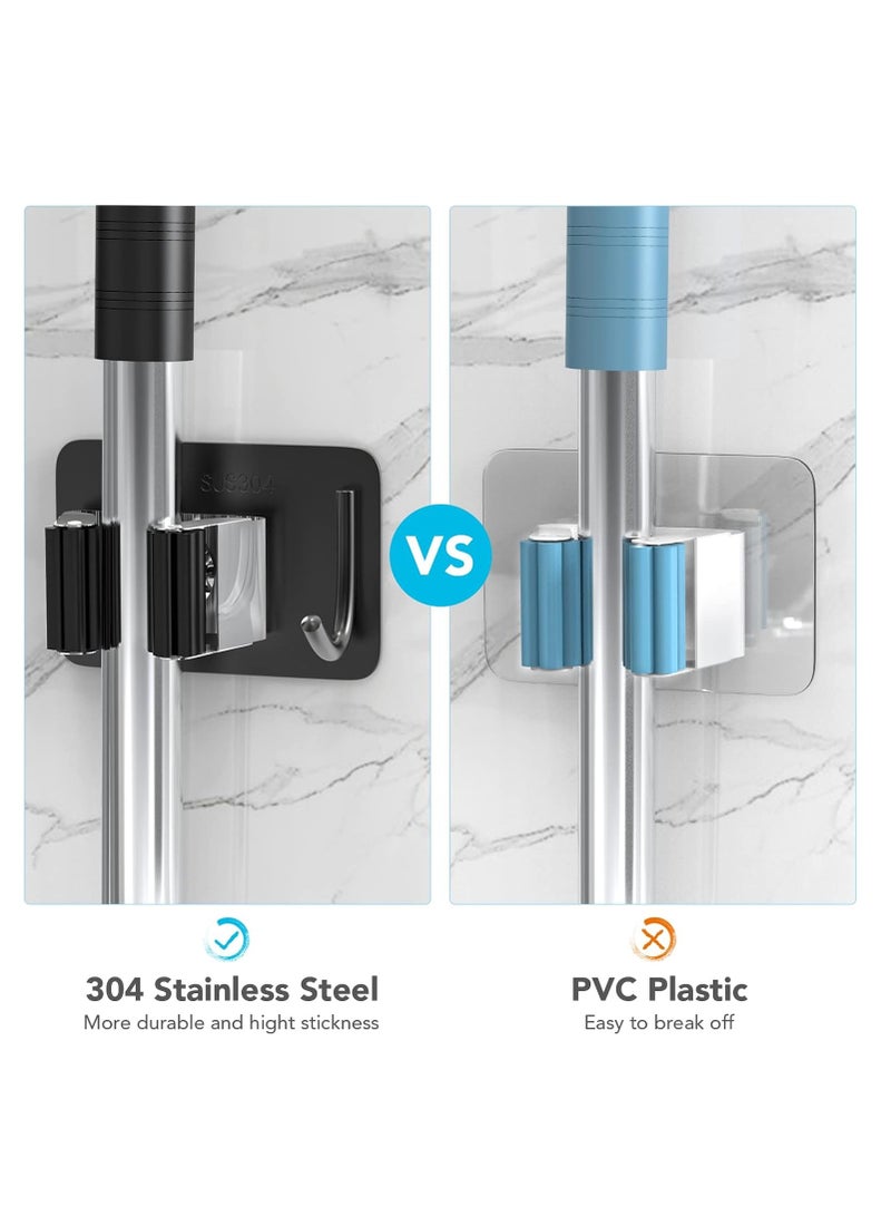 Arabest Mop Broom Holder No Drill, Mop Broom Organizer Wall Mounted Heavy Duty with Hooks Hanger, Self Adhesive Stainless Steel for Bathroom, Kitchen, Office,4pcs(Black) - Image 5