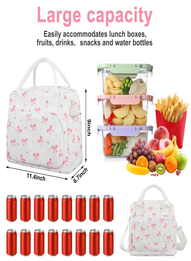 peony man Pink Bow Lunch Bag for Women Large Pink Bow Lunch Box Reusable Insulated Bows Lunches Tote Bag with Adjustable Shoulder Straps for Women Adult Work School Office Travel Picnic Food Container - Image 2