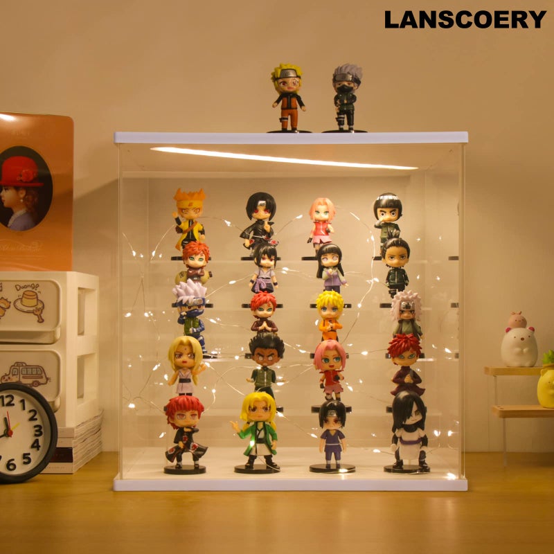 LANSCOERY حافظة عرض أكريليك مضاءة LED من LANSCOERY، صندوق عرض 5 طبقات للمقتنيات وشخصيات الحركة، منظم شفاف مقاوم للغبار مع قاعدة بيضاء - 11.8x11x11.8 بوصة - Image 3