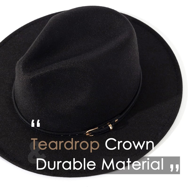 Lisianthus Women Classic Felt Fedora Wide Brim Hat with Belt Buckle Black Belt-Black - Image 2
