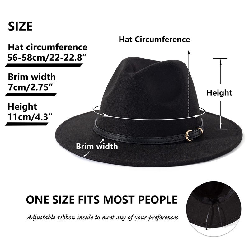 Lisianthus Women Classic Felt Fedora Wide Brim Hat with Belt Buckle Black Belt-Black - Image 5
