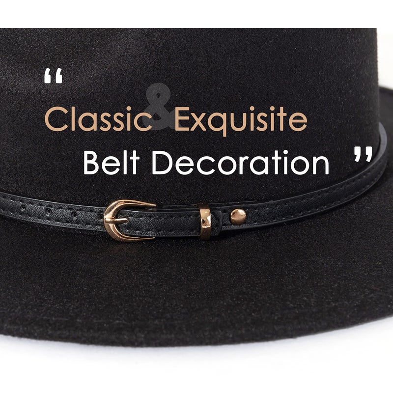 Lisianthus Women Classic Felt Fedora Wide Brim Hat with Belt Buckle Black Belt-Black - Image 3