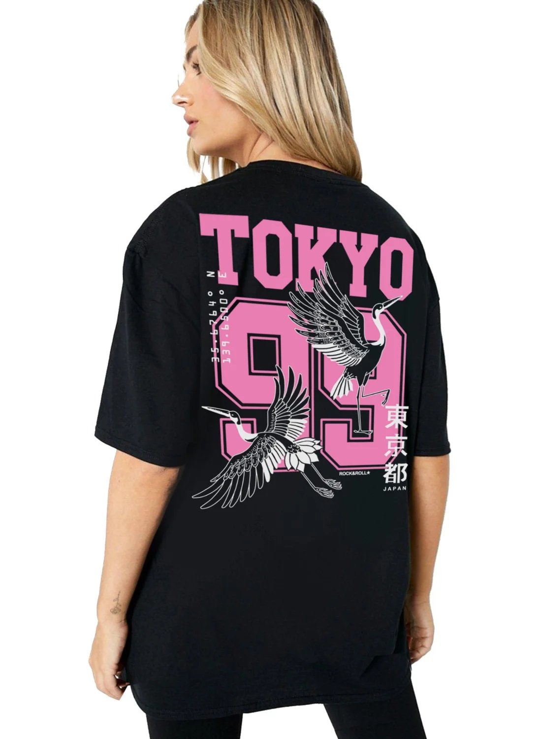 Rock&Roll Tokyo 99 Black Short Sleeve Back Printed Oversize Women's T-Shirt