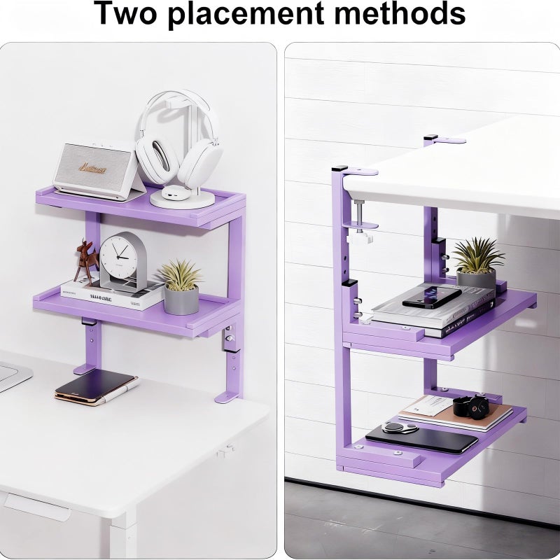 Spacrea clamp on Desk Shelf, 2 Tier Office Desk Shelves Organizer, Wood Desktop Supplies Storage Rack, Desk Organizers and Accessories (Purple) - Image 3