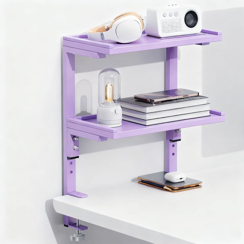 Spacrea clamp on Desk Shelf, 2 Tier Office Desk Shelves Organizer, Wood Desktop Supplies Storage Rack, Desk Organizers and Accessories (Purple) - Image 1