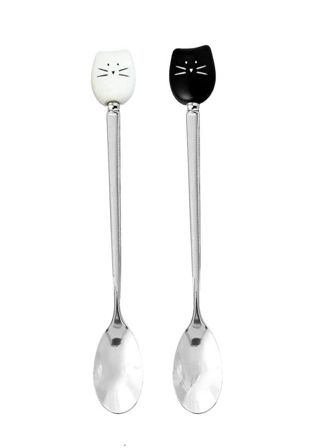 Kefley Cute Cat Spoon for Tea Coffee Ceramic Stainless Steel Spoons for Cat Lover Cat Food spoon for Wet Food Cat Themed Gift for Couples Wedding House Warming Gifts 2Pcs - Image 1