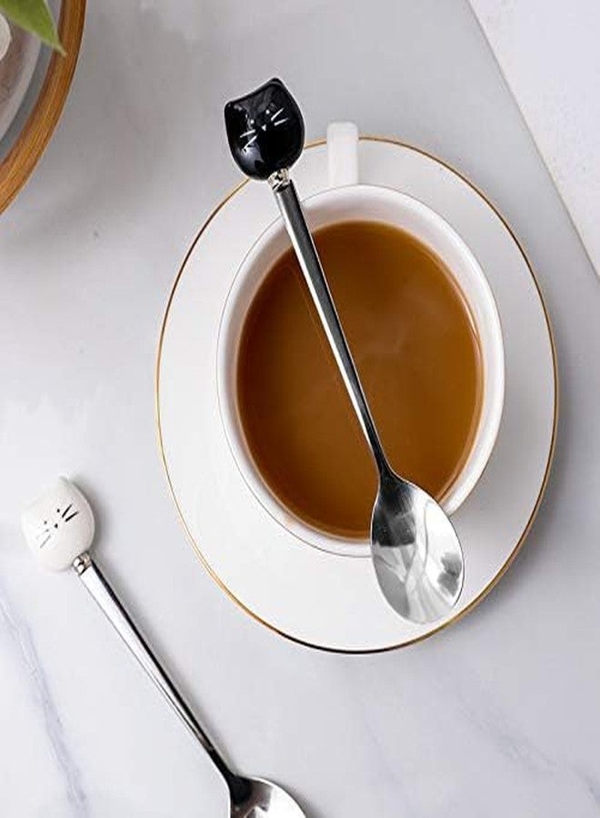 Kefley Cute Cat Spoon for Tea Coffee Ceramic Stainless Steel Spoons for Cat Lover Cat Food spoon for Wet Food Cat Themed Gift for Couples Wedding House Warming Gifts 2Pcs - Image 4