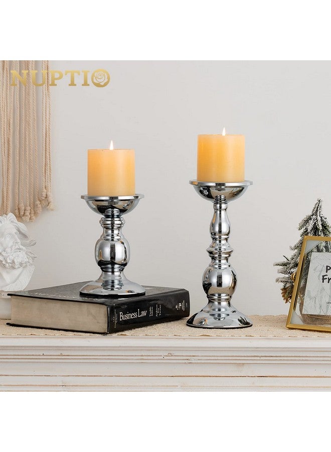 Nuptio Pillar Candle Holders Metal Candle Holder Ideal for 3 inches Candles, Silver Candle Holder for Living Room, Gardens, Spa, Aromatherapy, Incense Cones, Wedding, Party, 2 Pcs - Image 2