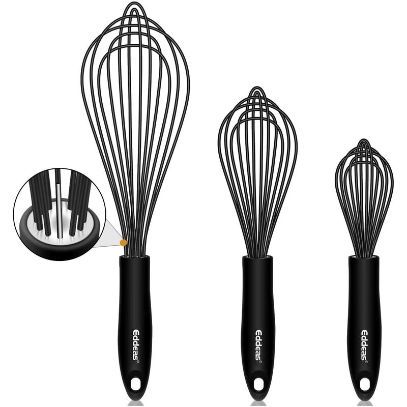 Eddeas Silicone Whisk Eddeas Stainless Steel  Silicone NonStick Coated Whisks set of 3Heat Resistant Kitchen Whisks Balloon Egg Beater Perfect for Blending Whisking Beating  Stirring Black