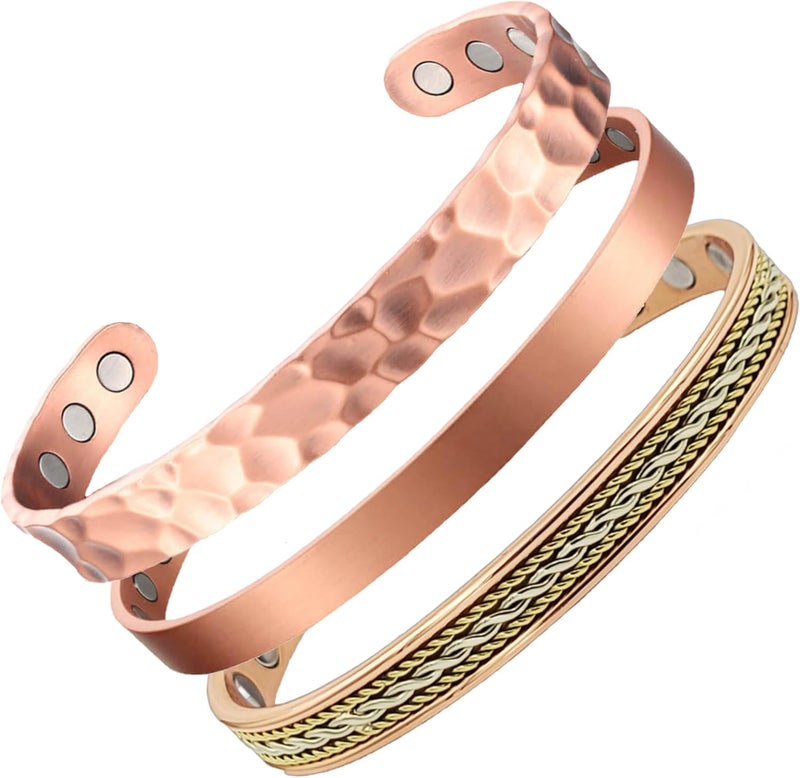 EARTH THERAPY Ultimate Set - Minimal, Rope, & Hammered Cuffs - Pure Copper Magnetic Bracelets - For Women Men - Adjustable - Ultra Strength 