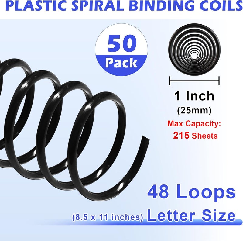 TOTiyea 50 Pack Plastic Binding Coils, 215 Sheet Capacity, 25mm (1") Binding Spirals, 4:1 Pitch, Black - Image 2