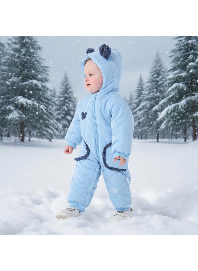 JiAmy Baby Snowsuit Winter Romper Hooded Boys Girls Jumpsuit Bear Thick Windproof Infant Newborn Clothes 12-18 Months Blue - Image 2