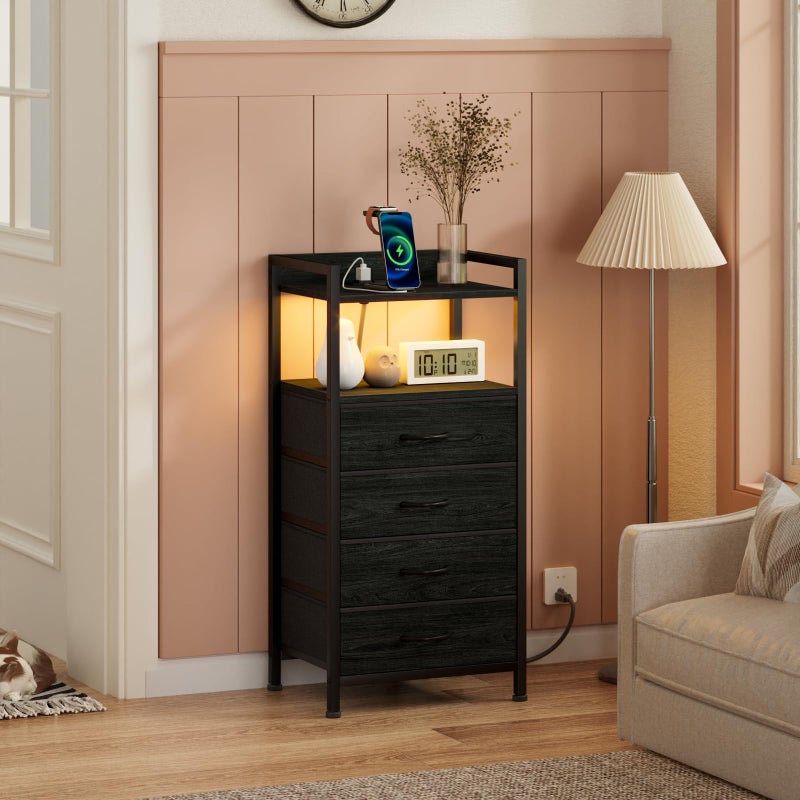 Furnulem Night Stand with Charging Station, Black Nightstand with Drawers and Led Light, Tall Dresser for Bedroom, Bedside Table with Fabric Storage Bins, Metal Frame, Wood Furniture - Image 2