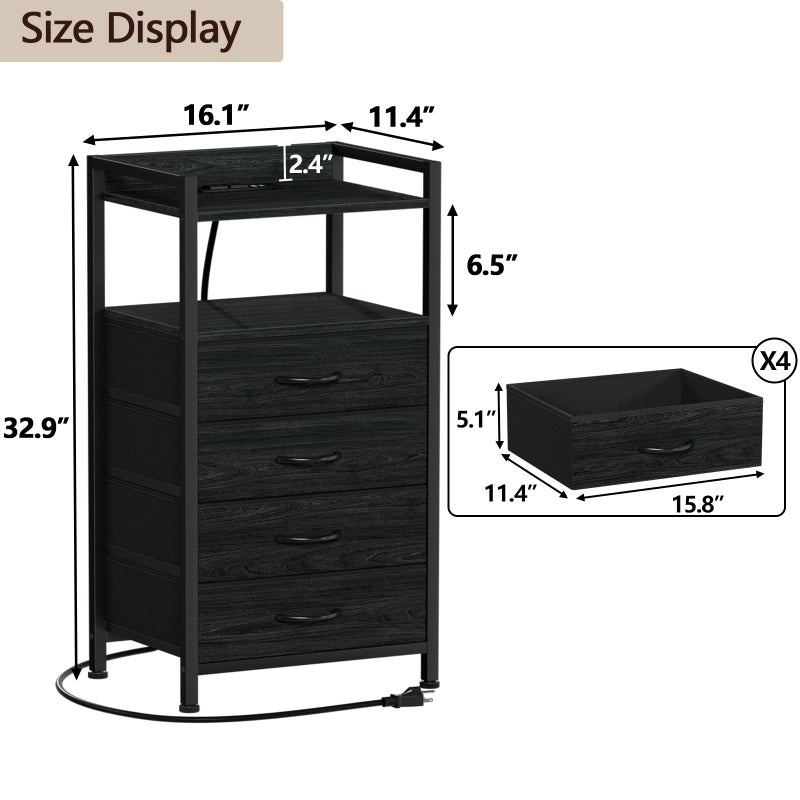 Furnulem Night Stand with Charging Station, Black Nightstand with Drawers and Led Light, Tall Dresser for Bedroom, Bedside Table with Fabric Storage Bins, Metal Frame, Wood Furniture - Image 3