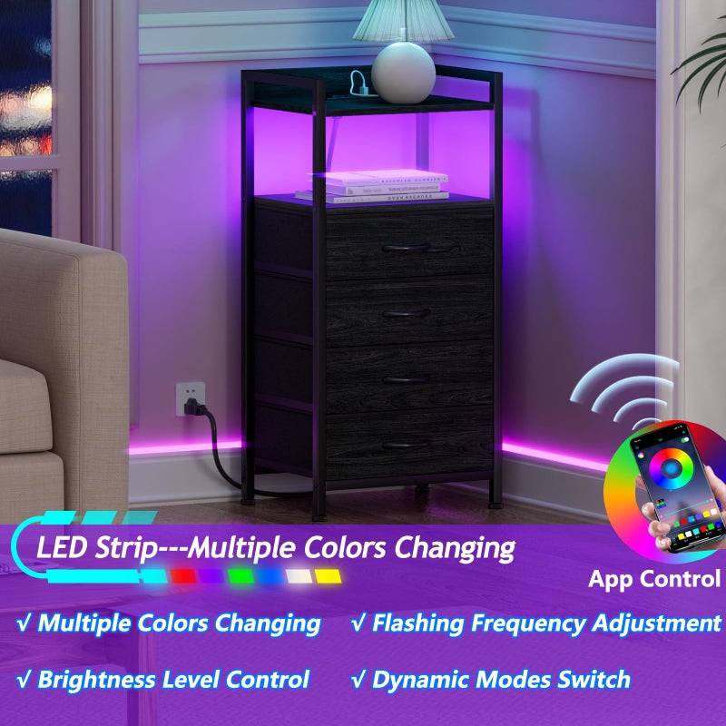 Furnulem Night Stand with Charging Station, Black Nightstand with Drawers and Led Light, Tall Dresser for Bedroom, Bedside Table with Fabric Storage Bins, Metal Frame, Wood Furniture - Image 4