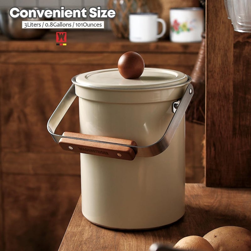 WAGENSTEIGER Kitchen Countertop Compost Bin 101ounces / 3Liters, Airtight Lid SUS304 Stainless Steel Odor-Free Food Waste Bin with Wooden Handle Stylish Design Bathroom Trash Can (Off-White) - Image 2